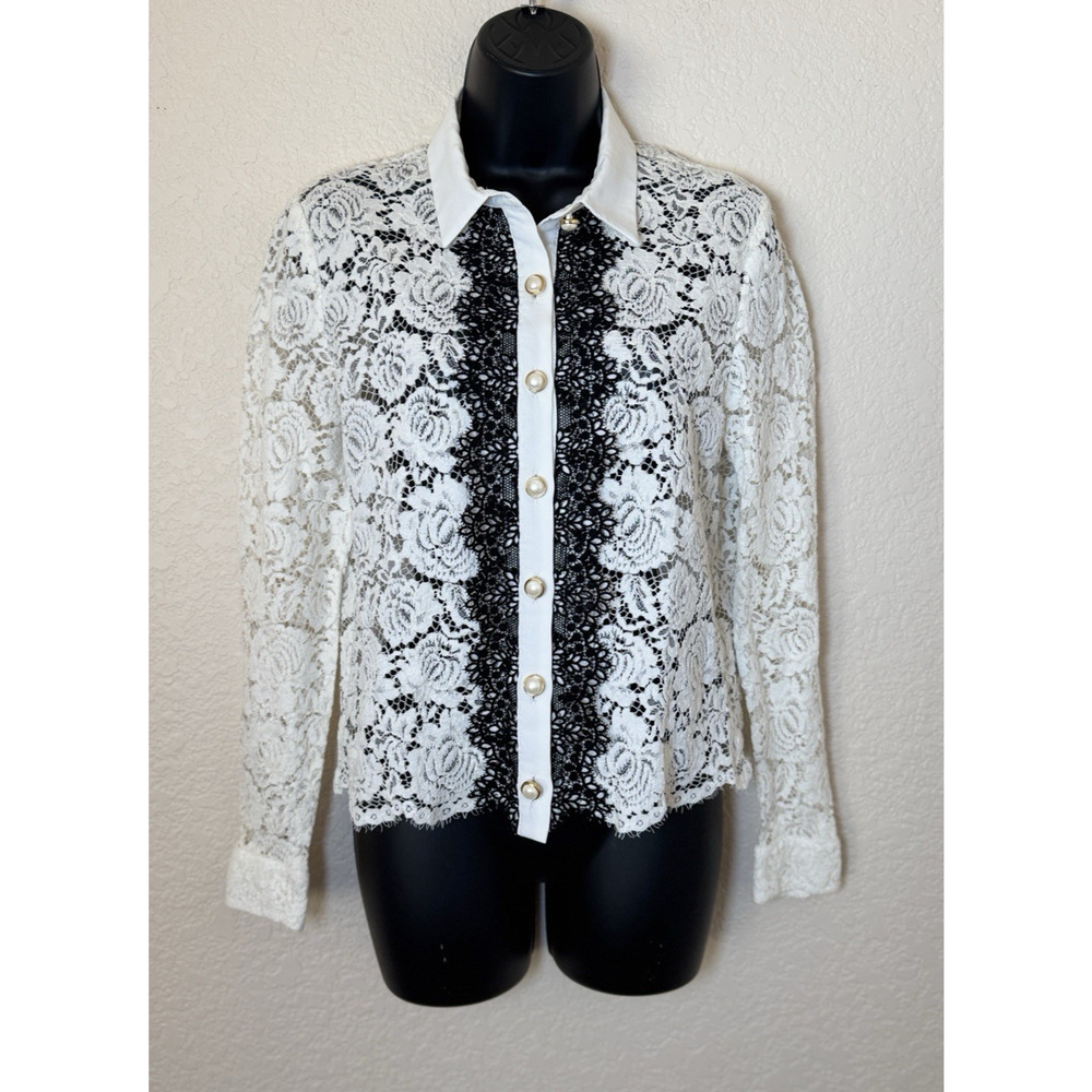 The Kooples Moonlight Lace Button-Down Shirt Womens Size 2 Pearl Button Ivory